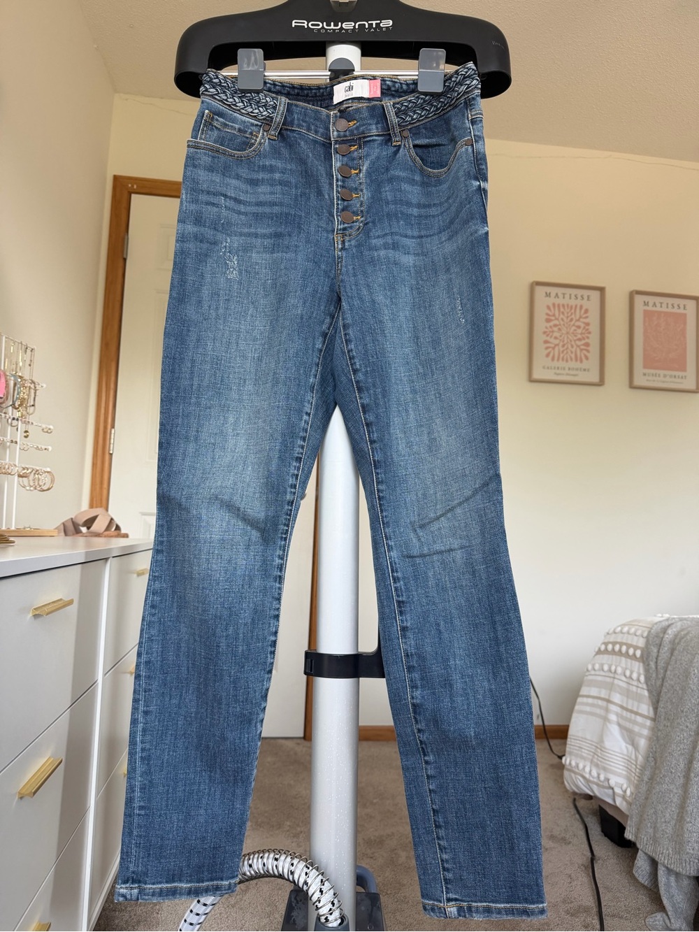 CAbi High-Rise Button-Fly Jeans in Medium Blue Denim